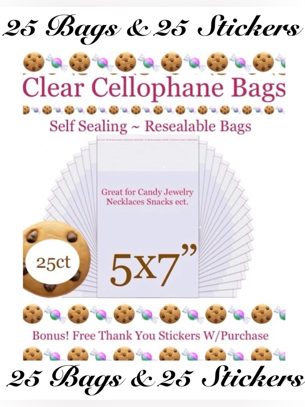 25ct 5x7” Clear Cello Bags ⭐️w/Free Stickers 🍃🆕🍃Crystal Clear ~ Resealable